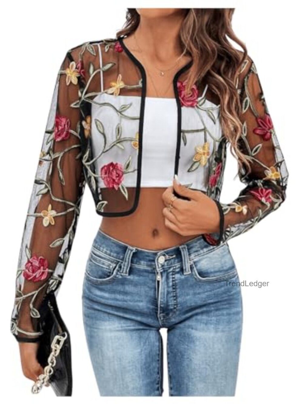 Floral Embroidered Sheer Bolero Open Front Crop Jacket Long Sleeve